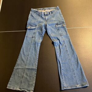 Wild Fable Low Rise Flare Cargo Jeans Size 10 Blue Denim Y2K Utility Aesthetic